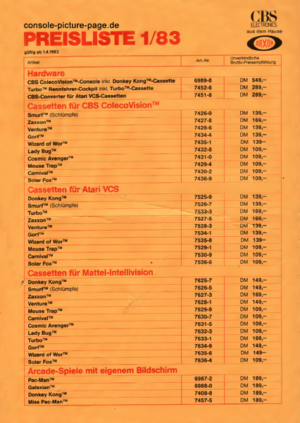 CBS (Arxon) Colecovision / Atari VCS-2600 / Mattel Intellivision - Preisliste von 1983