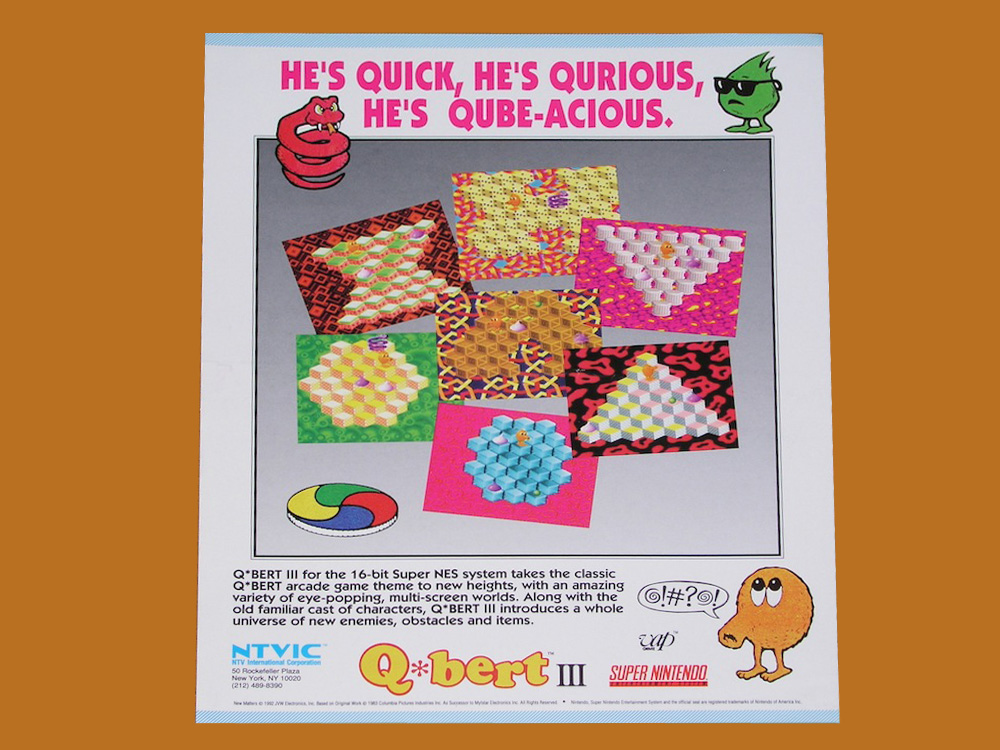 Nintendo Super NES Q*bert III "He's Quick, He's Qurious, He's Qube-Acious" Werbezettel (Q-bert, Qbert)