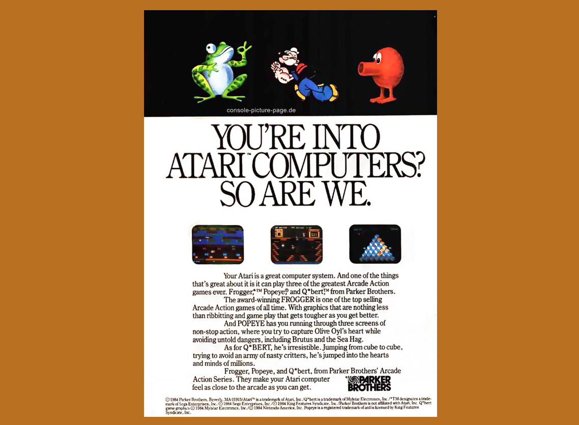 Parker (Atari) Q*bert "You Are Into Atari Computers? So Are We" AD (Q-bert, Qbert)